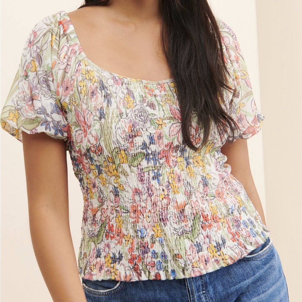 by Anthropologie Aurelia‎ Smocked Top Shirred Floral Multicolor Small